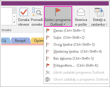 Snimka zaslona s gumbom Zadaci programa Outlook u programu OneNote 2016.