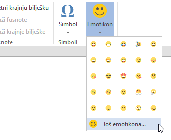Kliknite više emotikona na gumbi emojis na kartici Umetanje da biste odabrali sve dostupne emojis.