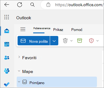 Snimka zaslona koja prikazuje Outlook na početnoj stranici web-mjesta