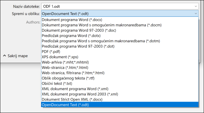 Popis oblika datoteka iz programa Word s istaknutim oblikom ODT datoteke