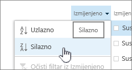 Padajući izbornik sortiranja u zaglavlju stupca