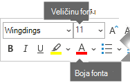 Plutajuća alatna traka Oblikovanje sadrži mogućnosti za veličinu fonta i boju fonta.