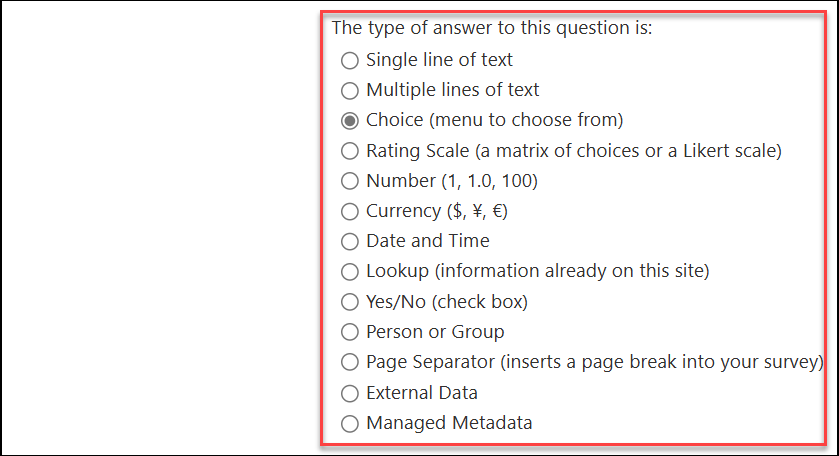 screenshot of answer type