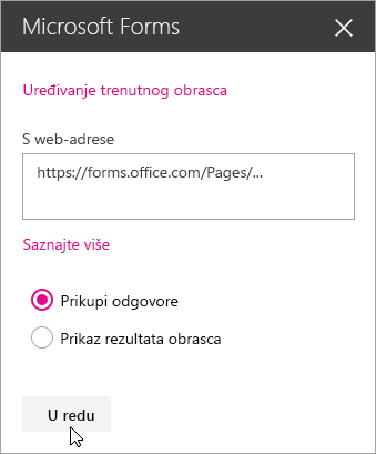 Nakon stvaranja novog obrasca na ploči servisa Microsoft Forms prikazuje se web-adresa obrasca.