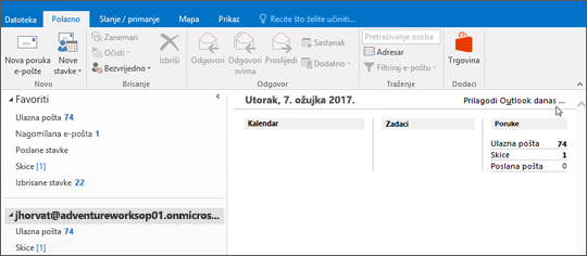 Snimka zaslona prikaza Outlook danas u programu Outlook, s prikazom naziva vlasnika poštanskog sandučića, trenutnog dana i datuma te povezanog kalendara, zadataka i poruka za taj dan.
