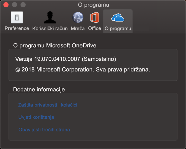 Sučelje s informacijama o servisu OneDrive za Mac