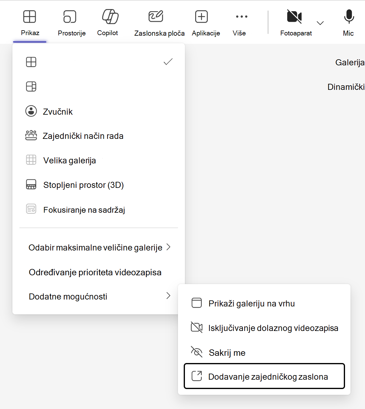 Alat za prebacivanje prikaza, koji označava gumb "Prikaz" na traci izbornika sastanaka aplikacije Teams, sadrži mogućnost dodavanja načina zajedničkog prikaza na podizbornik "Dodatne mogućnosti".