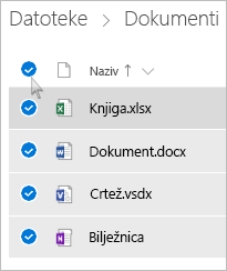 Snimka zaslona na kojoj je prikazan odabir svih datoteka i mapa na servisu OneDrive