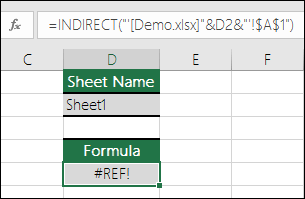 Primjer pogreške #REF! uzrokovane formulom INDIRECT koja referencira zatvorenu radnu knjigu.