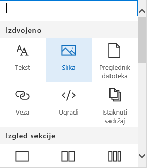 Snimka zaslona koja prikazuje odabir web-dijela Slika u sustavu SharePoint.