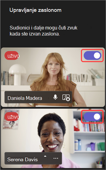 Snimka zaslona s istaknutim gumbom za uključivanje i isključivanje osoba na zaslonu.