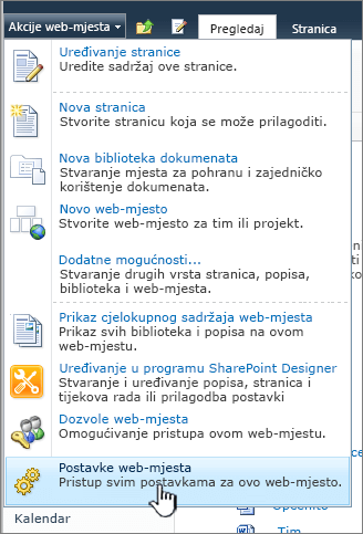 Postavke web-mjesta na izborniku akcije web-mjesta