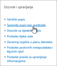 Odjeljak Upravljanje dozvolama na izborniku Postavke