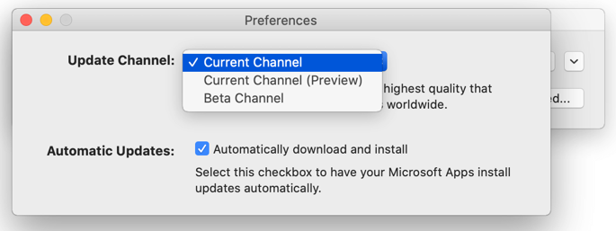 Slika prozora Microsoftovo automatsko ažuriranje za Mac -> Preferences u kojem se prikazuju mogućnosti ažuriranja kanala.