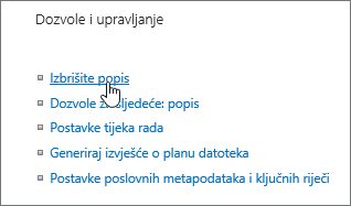 Dijaloški okvir s postavkama popisa s istaknutom istaknutom mogućnosti Izbriši ovaj popis