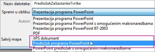 Spremanje u obliku predloška programa PowerPoint