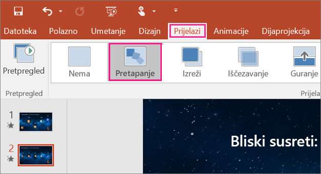 Prikazuje prijelaz Izobličenje na izborniku Prijelazi u programu PowerPoint 2016