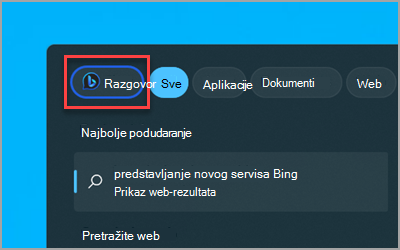 Novi gumb Bing čavrljanje u Windows 11 pretraživanje na programskoj traci.