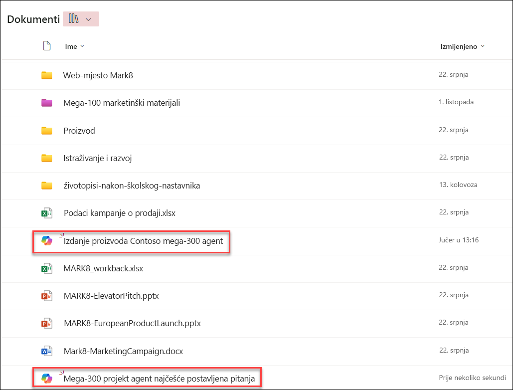 snimka zaslona agenata usluge Copilot spremljenih u trenutnu mapu biblioteke dokumenata