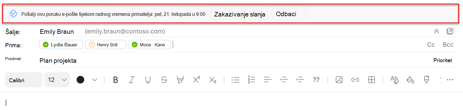 Snimka zaslona prijedloga za slanje rasporeda u programu Outlook Mac istaknutog iznad retka Šalje