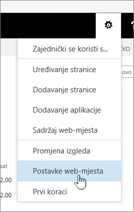 Mogućnost Postavke web-mjesta ispod gumba Postavke