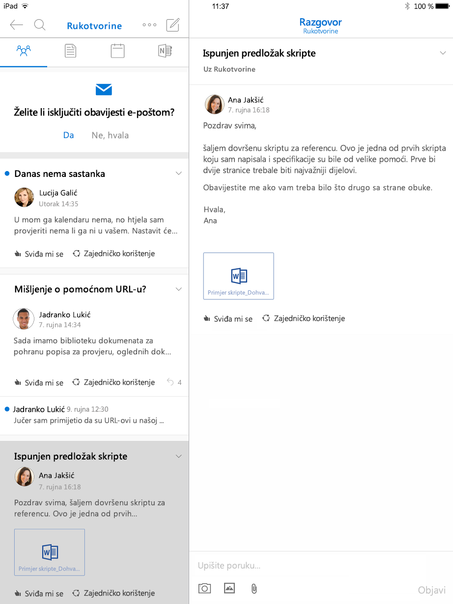 Prikaz razgovora u programu Outlook grupama za iPad