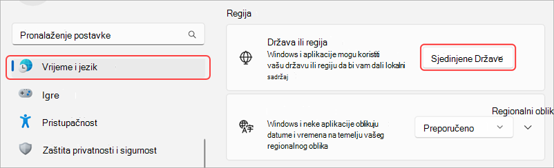 Regionalne postavke na uređaju sa sustavom Windows.