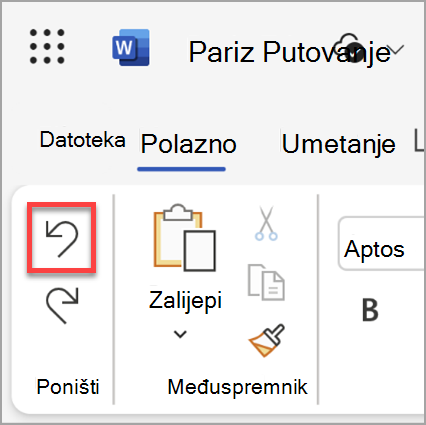 Gumb Poništi u aplikaciji Microsoft Word za web.