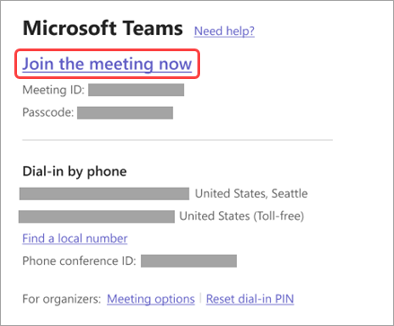 Snimka zaslona koja pokazuje kako se uključiti u sastanak iz pozivnice.