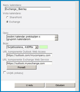 Snimka zaslona dijaloškog okvira preklapanja kalendara u sustavu SharePoint. Dijaloški okvir prikazuje naziv kalendara, vrstu kalendara (Exchange) i daje URL-ove za Outlook Web Access i Exchange Web Access.