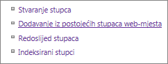 Krupni plan veze Dodavanje postojećeg stupca na stranici Postavke