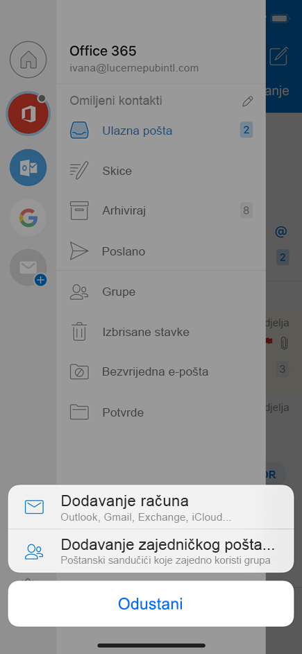 Dodavanje zajedničkog poštanskog sandučića u Outlook Mobile.