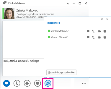 Snimka zaslona prozora razgovora s gumbom Pozovi druge sudionike i dijaloškim okvirom