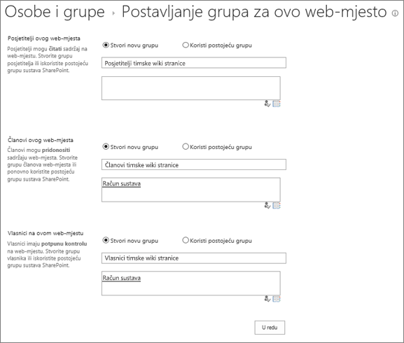 Dijaloški okvir Postavljanje grupa za web-mjesto