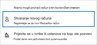 Poruka: Stvaranje novog računa.