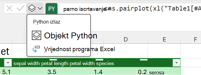 Pomoću izlaznog izbornika Python pokraj trake formule promijenite vrstu izlaza.