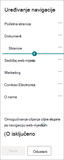 Dijaloški okvir navigacije sustava SharePoint za središnja web-mjesta.