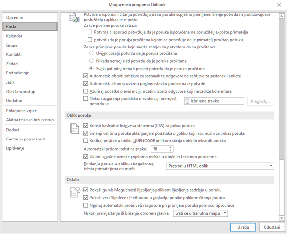 Stranica s mogućnostima programa Outlook s istaknutom kategorijom Pošta