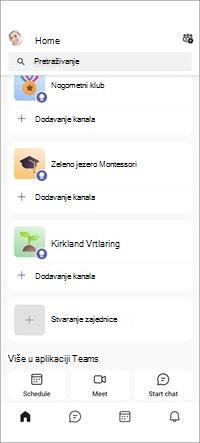 Zaslon besplatnih zajednica u aplikaciji Teams za mobilne uređaje