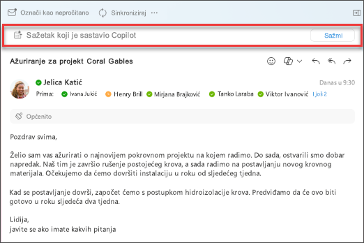 Odaberite sažimanje za Copilot kako biste stvorili sažetak niti poruka e-pošte.