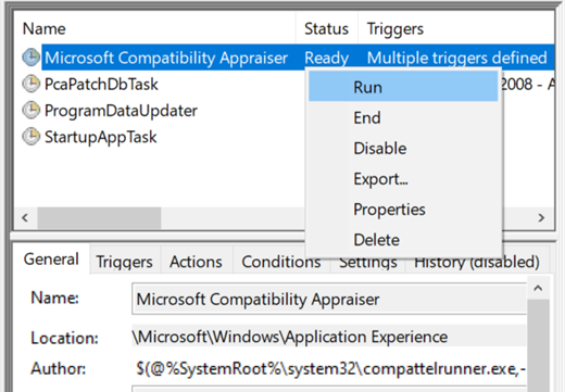 Pokretanje aplikacije Microsoft Compatibility Appraiser u alatu za planiranje zadataka.