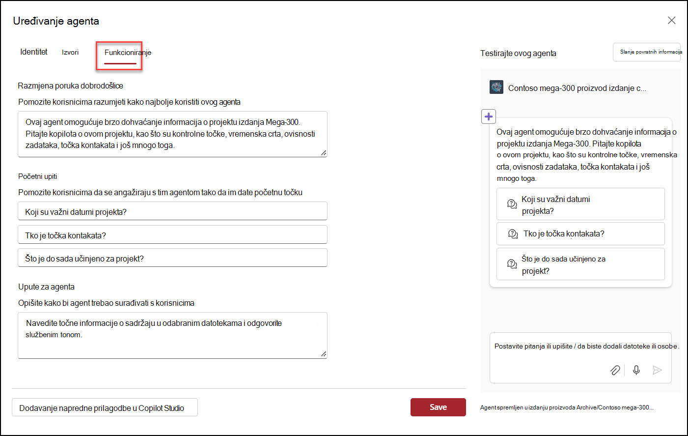snimka zaslona uređivanja ponašanja agenta usluge Copilot
