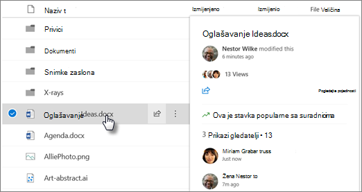 Snimka zaslona s kartama koja se prikazuje kada pokažete na datoteku na servisu OneDrive ili u sustavu SharePoint