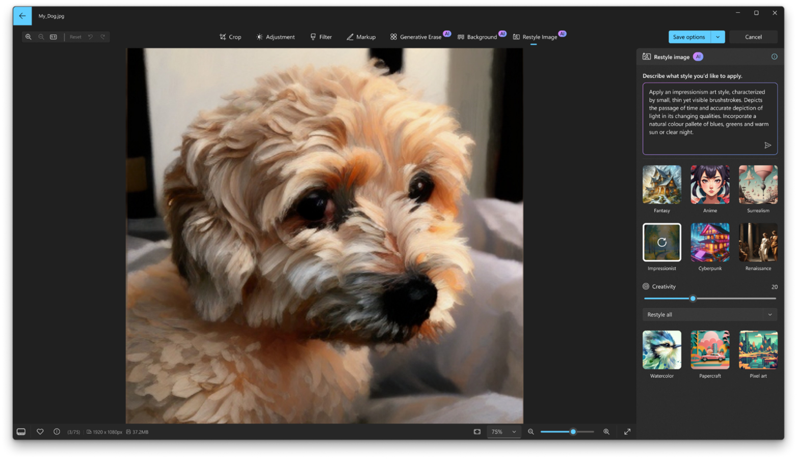 Snimka zaslona aplikacije Fotografije u sustavu Windows s mogućnošću Restyle Image otvorenu u aplikaciji