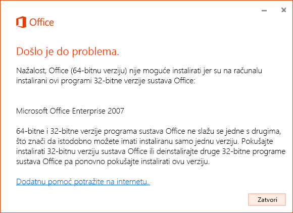 Nije moguće miješanje 32-bitne i 64-bitne verzije sustava Office
