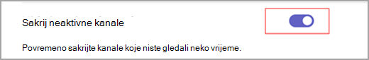 Snimka zaslona s plavim preklopnim prekidačem s bijelim unutarnjim krugom postavljenim na pokraj teksta u kojem se prikazuje "Sakrij neaktivne kanale".