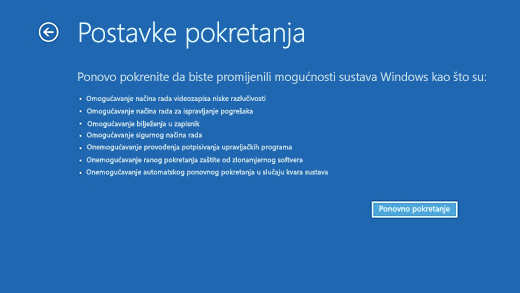 Zaslon postavki pokretanja u okruženju Windows Recovery Environment.