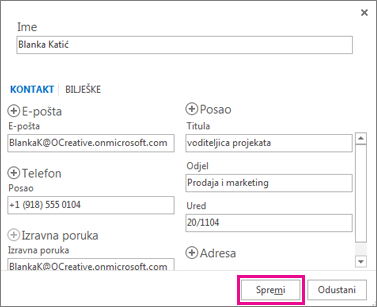 Dodavanje novog kontakta u Outlook iz poruke