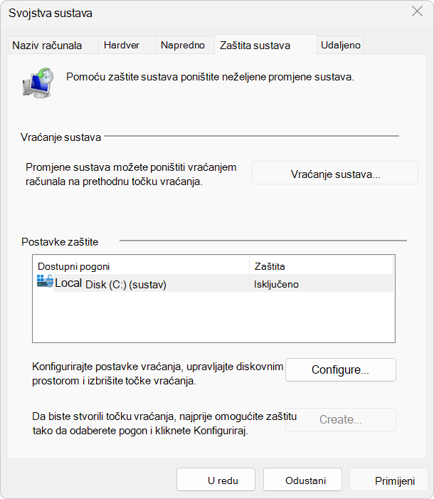 Snimka zaslona s postavkama zaštite sustava.