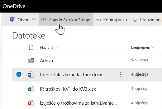 OneDrive s odabranom datotekom i gumbom za zajedničko korištenje